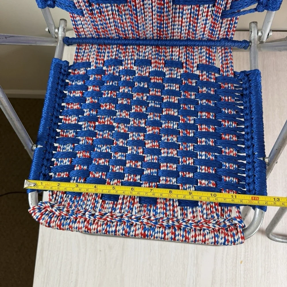 Vtg Set 2 Aluminum Folding Lawn Chair Child Sz Macrame Weave‎ Woven Chair Match